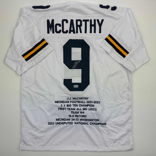 Autographed/Signed J.J. JJ McCarthy Michigan White College Stat Football Jersey Beckett BAS COA