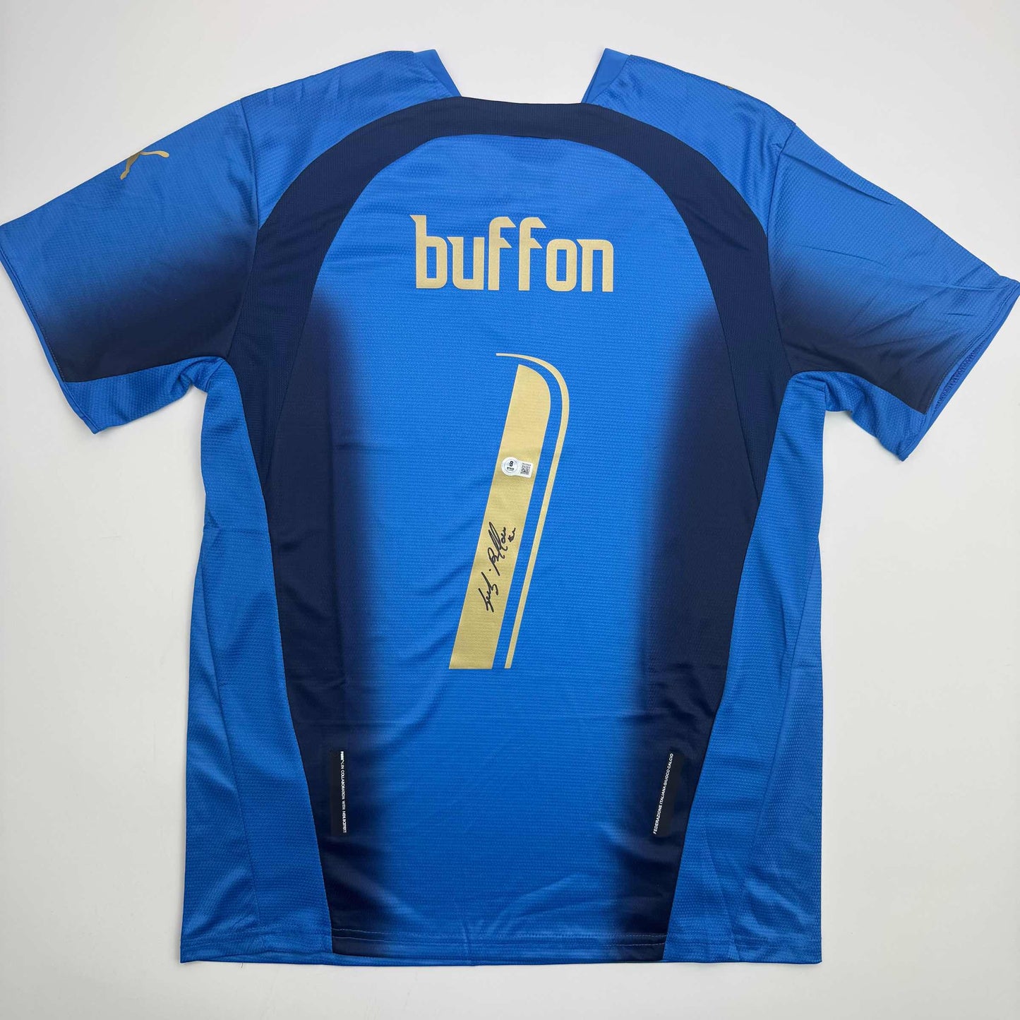 Autographed/Signed Gianluigi Buffon Italy Blue Soccer Futbol Jersey Beckett BAS COA