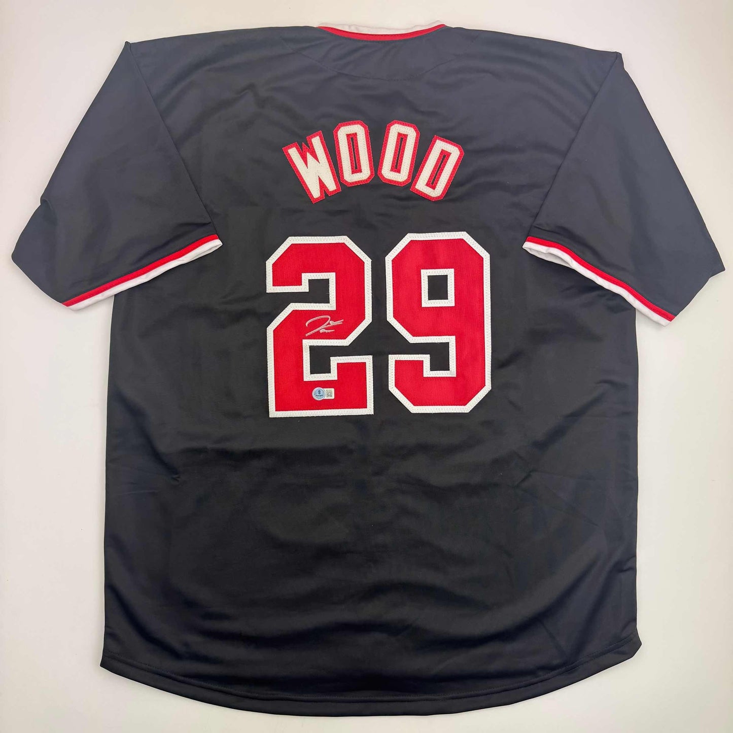 Autographed/Signed James Wood Washington Black Baseball Jersey Beckett BAS COA