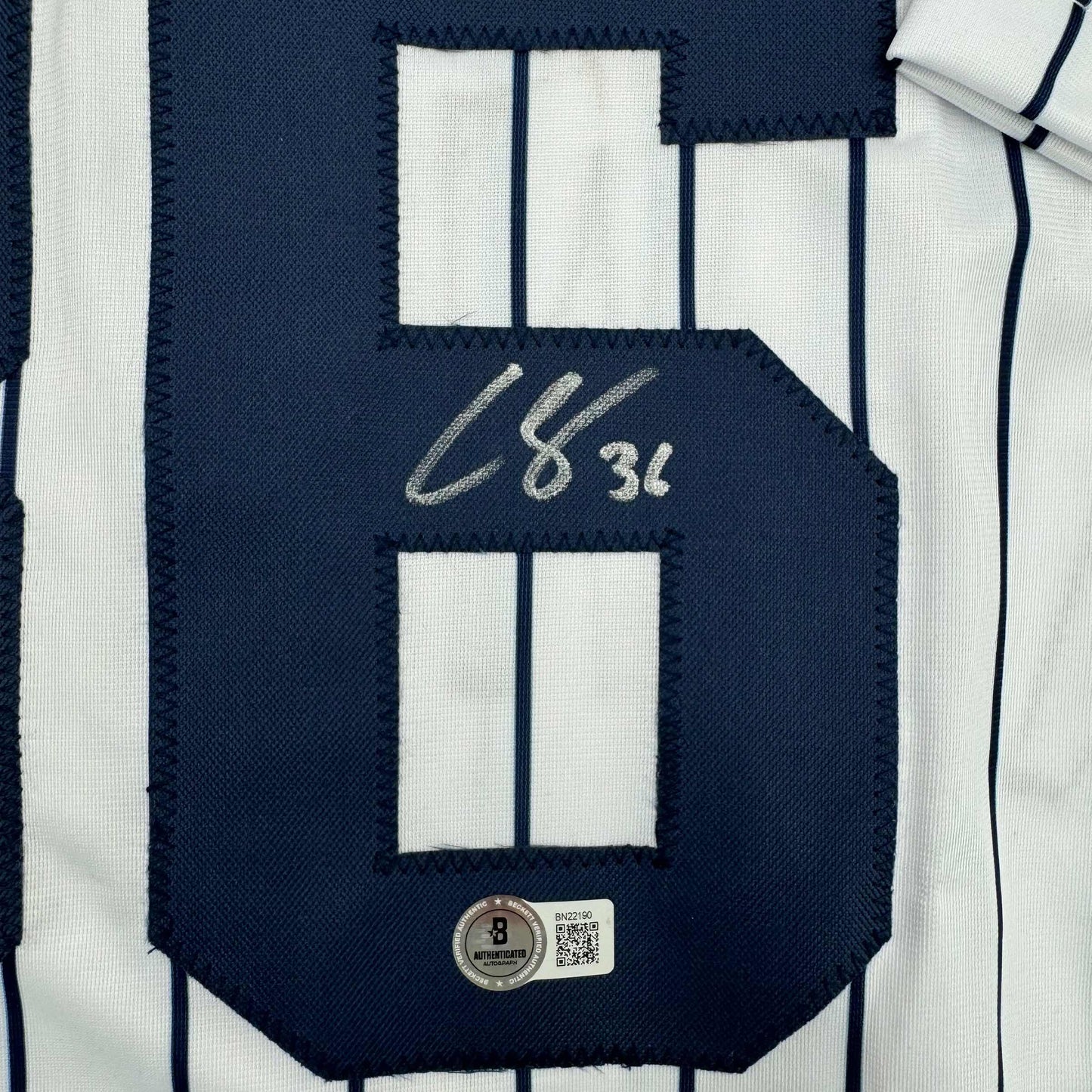 Autographed/Signed Clarke Schmidt New York Pinstripe Baseball Jersey Beckett BAS COA