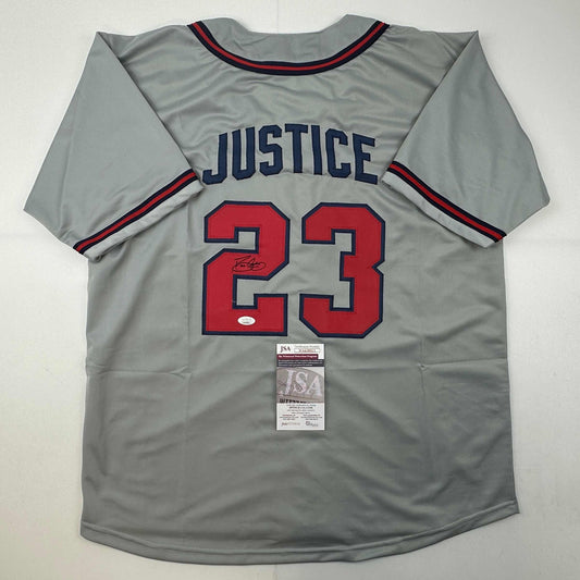 Autographed/Signed David Justice Atlanta Grey Baseball Jersey JSA COA
