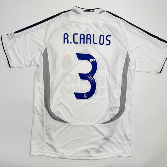 Autographed/Signed Roberto Carlos Real Madrid White Soccer Jersey Beckett BAS COA