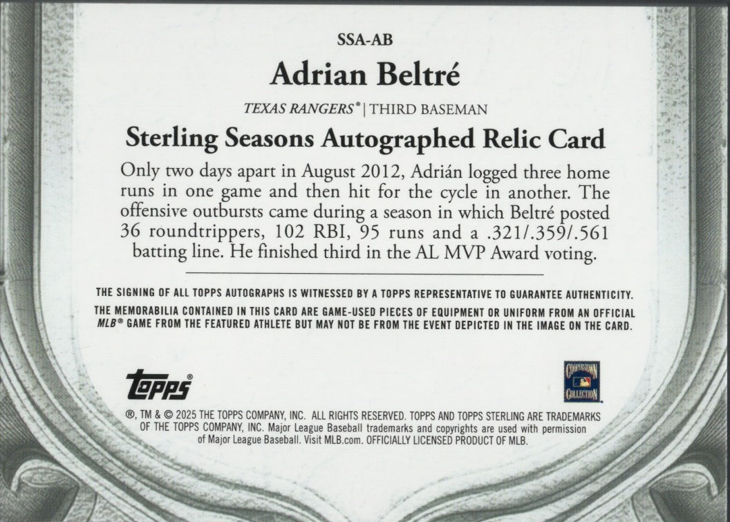 2025 Topps Sterling Adrian Beltre #SSAAB Sterling Seasons 2012 Relic Auto /25 Texas Rangers Baseball Card