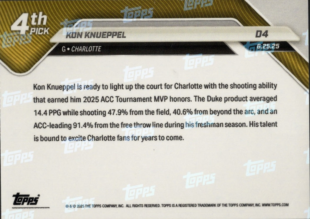 2025 Topps Now Kon Knueppel #D4 Green Foil /99 Charlotte Hornets Rookie RC Basketball Card