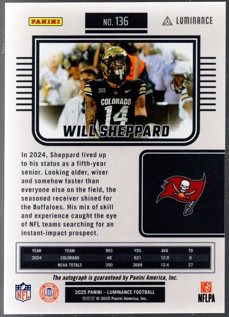 2025 Panini Luminance Will Sheppard #136 Auto /700 Tampa Bay Buccaneers Rookie RC Football Card