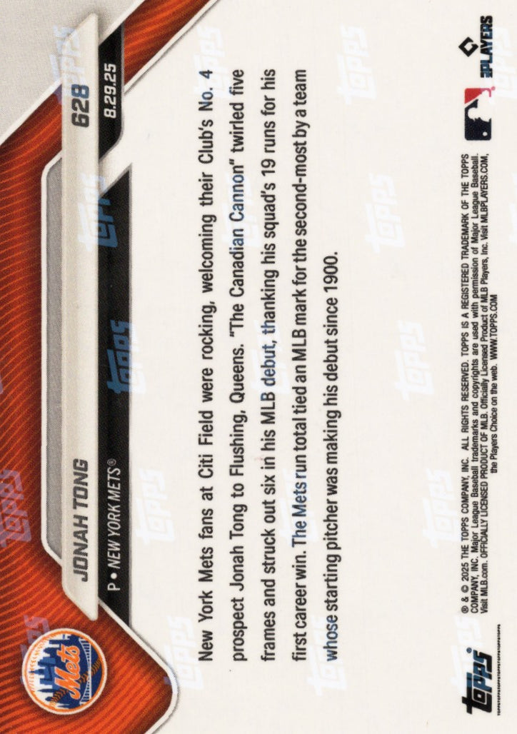 2025 Topps Now Jonah Tong #628 Gold Foil /50 New York Mets Rookie RC Baseball Card