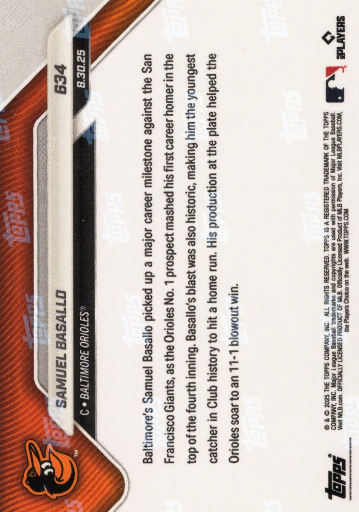 2025 Topps Now Samuel Basallo #634 Gold Foil /50 Baltimore Orioles Rookie RC Baseball Card