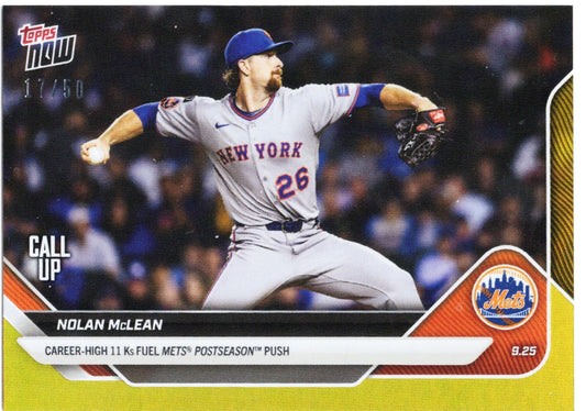 2025 Topps Now Nolan McLean #771 Gold Foil /50 New York Mets Rookie RC Baseball Card