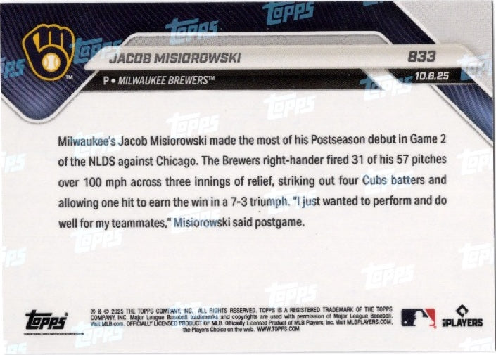 2025 Topps Now Jacob Misiorowski #833 Orange Foil /25 Milwaukee Brewers Rookie RC Baseball Card