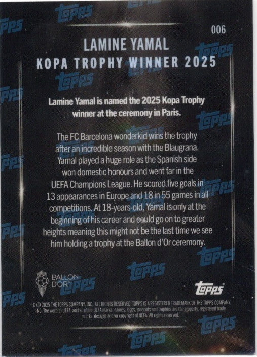2025 Topps Now Lamine Yamal #006 Kopa Trophy Winner Gold Foil /50 Soccer Card