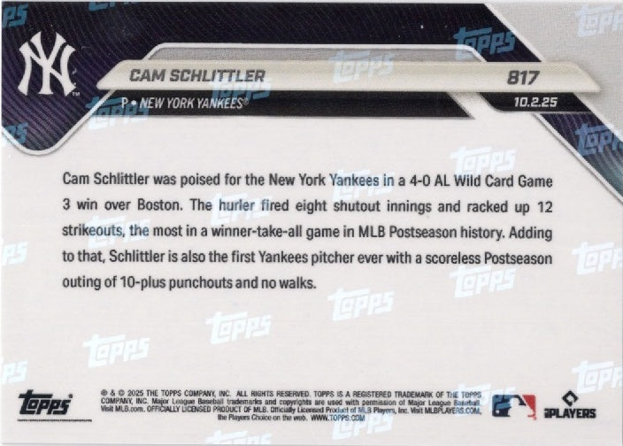 2025 Topps Now Cam Schlittler #817 Gold Foil /50 New York Yankees Rookie RC Baseball Card