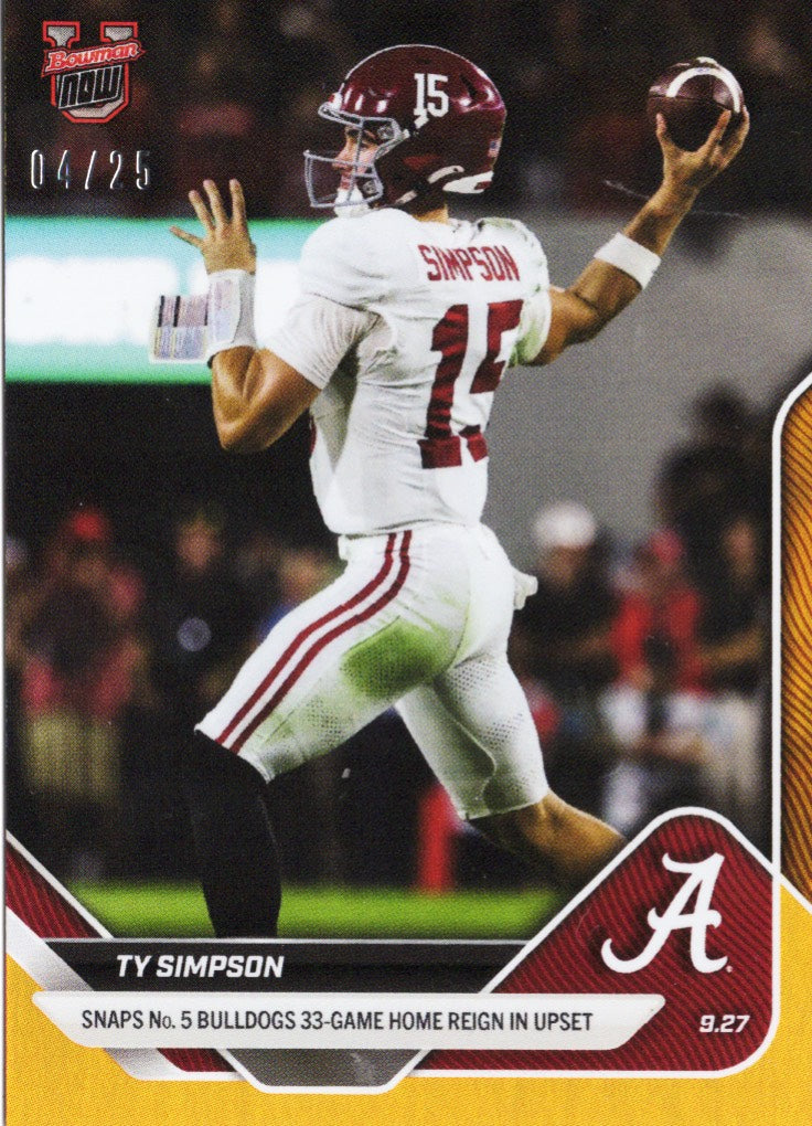 2025 Topps Bowman U Now Ty Simpson #22 Orange Foil /25 Alabama Crimson Tide Rookie RC Football Card