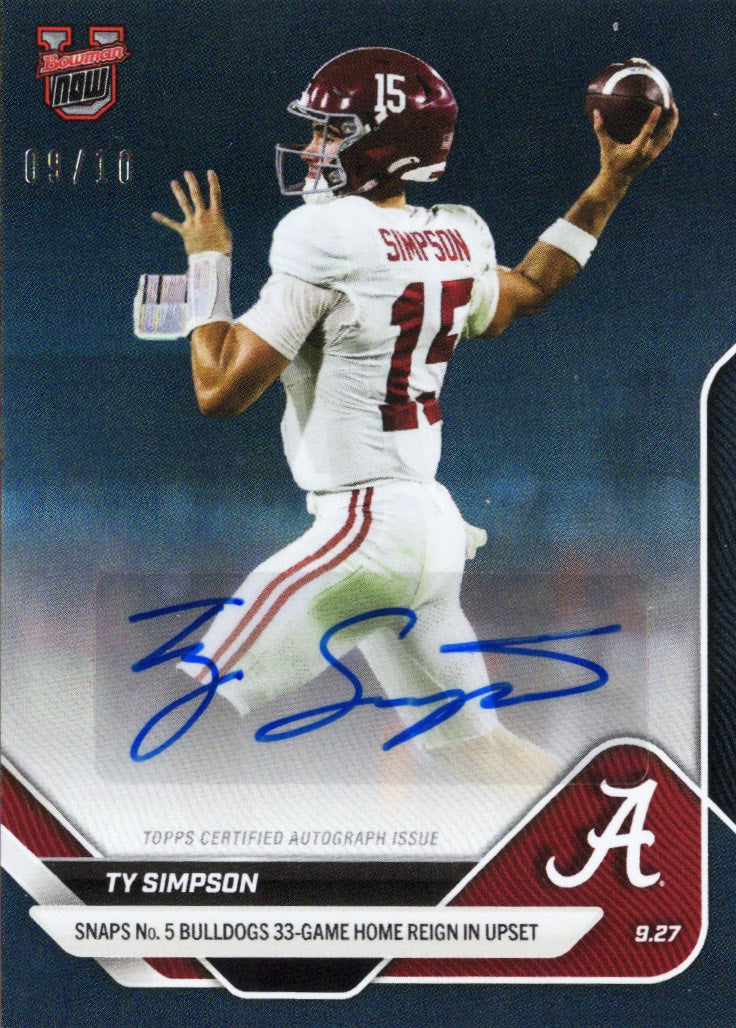 2025 Topps Bowman U Now Ty Simpson #22A Black Auto /10 Alabama Crimson Tide Rookie RC Football Card