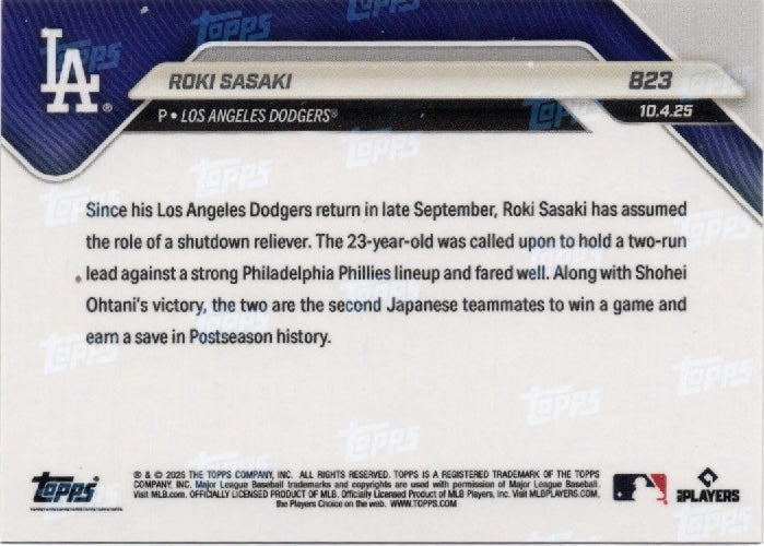 2025 Topps Now Roki Sasaki #823 Gold Foil /50 Los Angeles Dodgers Rookie RC Baseball Card