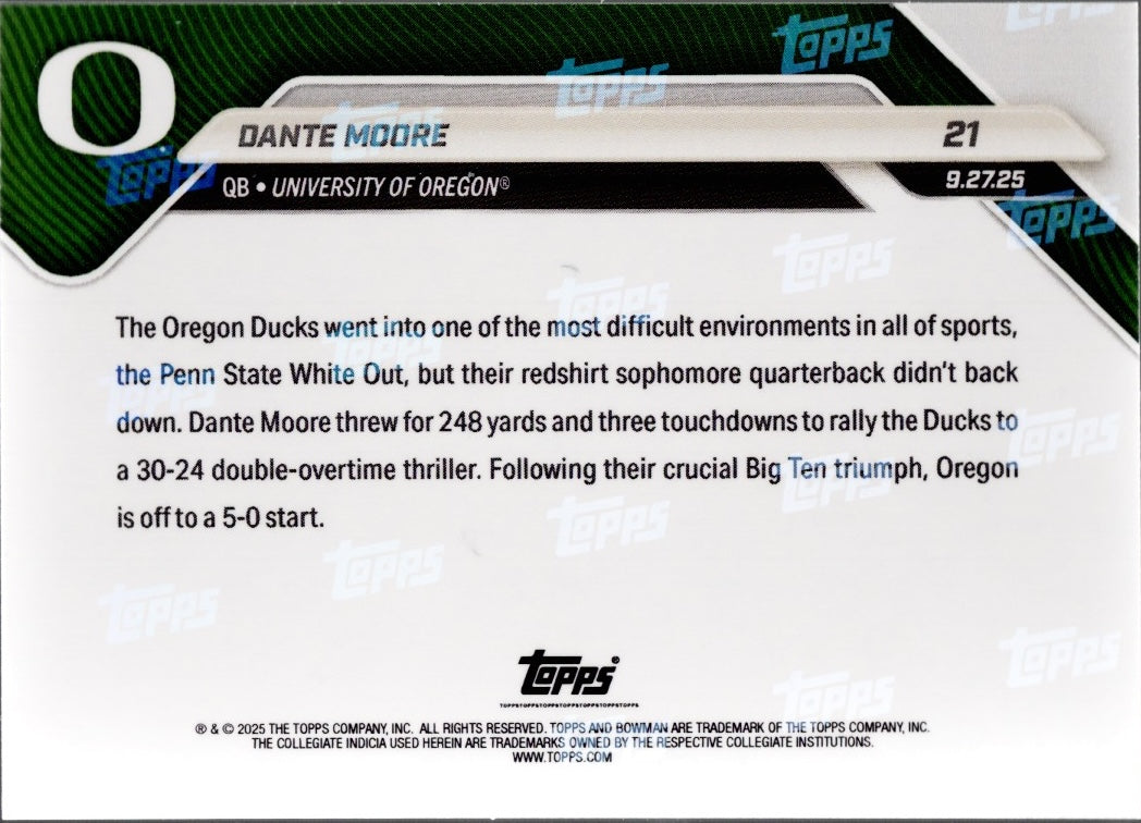 2025 Topps Bowman U Now Dante Moore #21 Orange Foil /25 Oregon Ducks Rookie RC Football Card