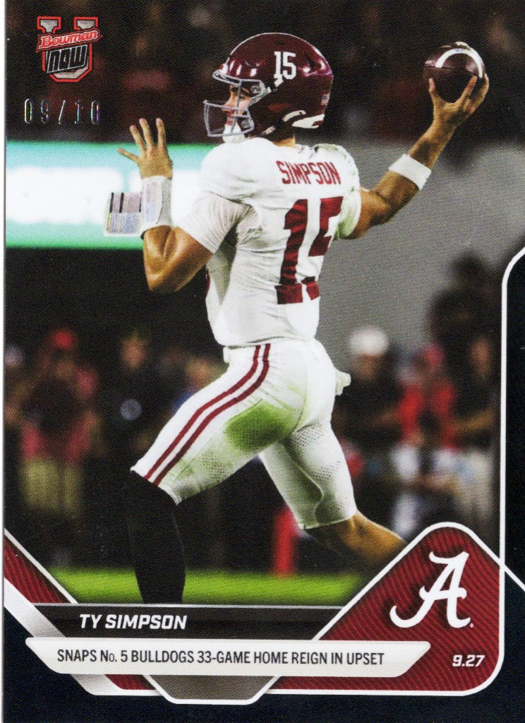 2025 Topps Bowman U Now Ty Simpson #22 Black Foil /10 Alabama Crimson Tide Rookie RC Football Card