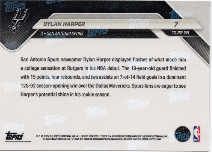 2025 Topps Now Dylan Harper #7 Green Foil /99 San Antonio Spurs Rookie RC Basketball Card - Golden Apple Comics