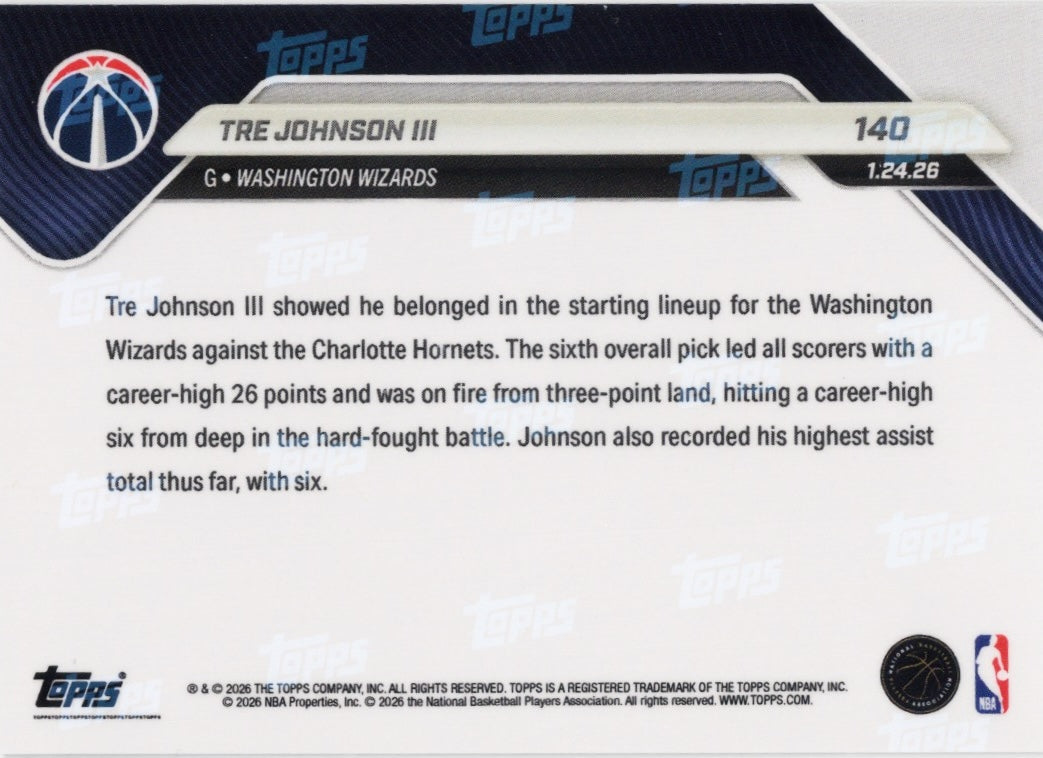 2025 Topps Now Tre Johnson #140 Gold Foil /50 Washington Wizards Rookie RC Basketball Card - Golden Apple Comics