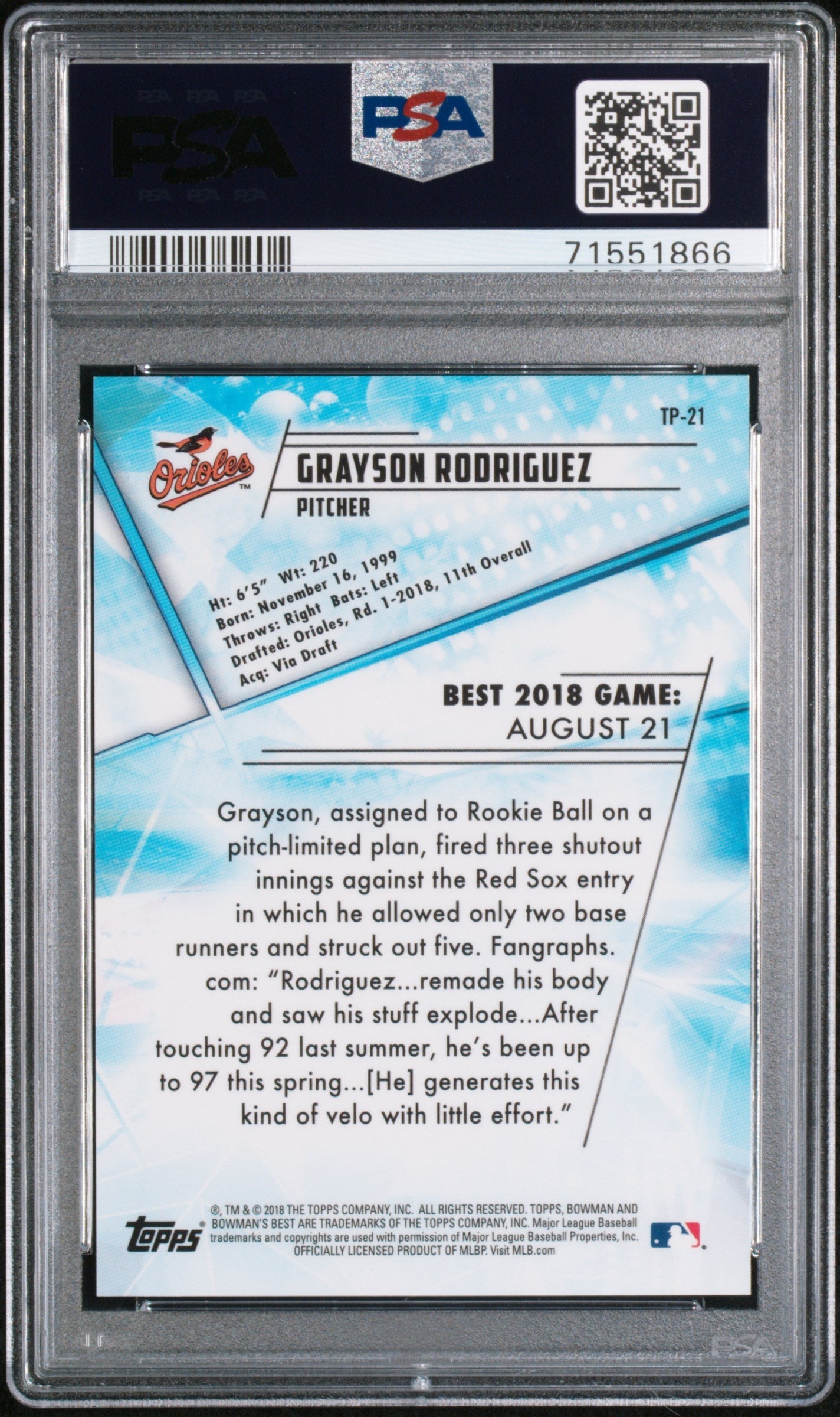 Graded 2018 Topps Bowmans Best Grayson Rodriguez #TP21 Top Prospects Atomic Rookie RC Baseball Card PSA 10 Gem Mint