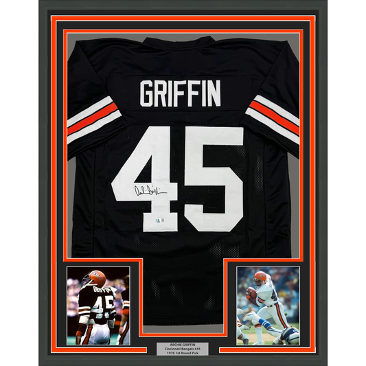 Framed Autographed/Signed Archie Griffin 35x39 Cincinnati Black Football Jersey Beckett BAS COA