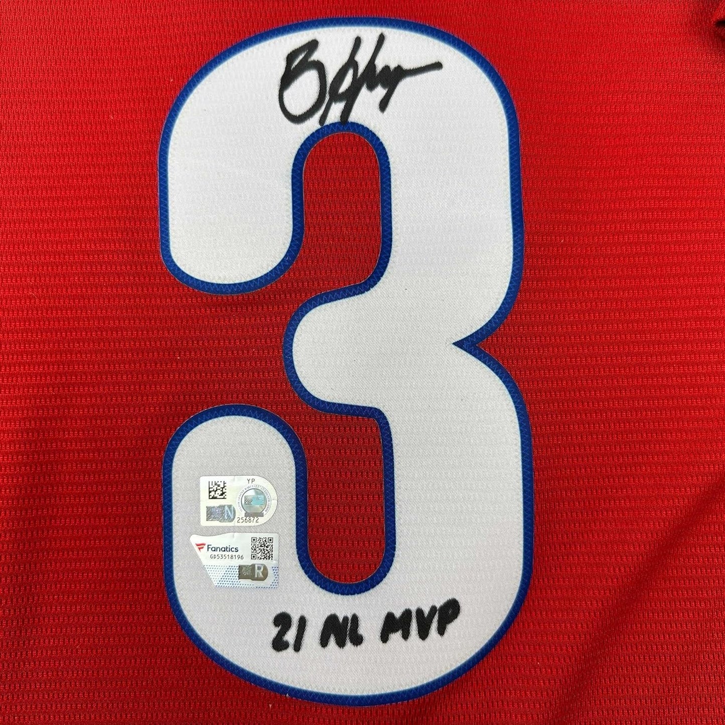 Framed Autographed/Signed Bryce Harper 35x39 21 NL MVP Philadelphia Phillies Red Replica Baseball Jersey Fanatics & MLB COA