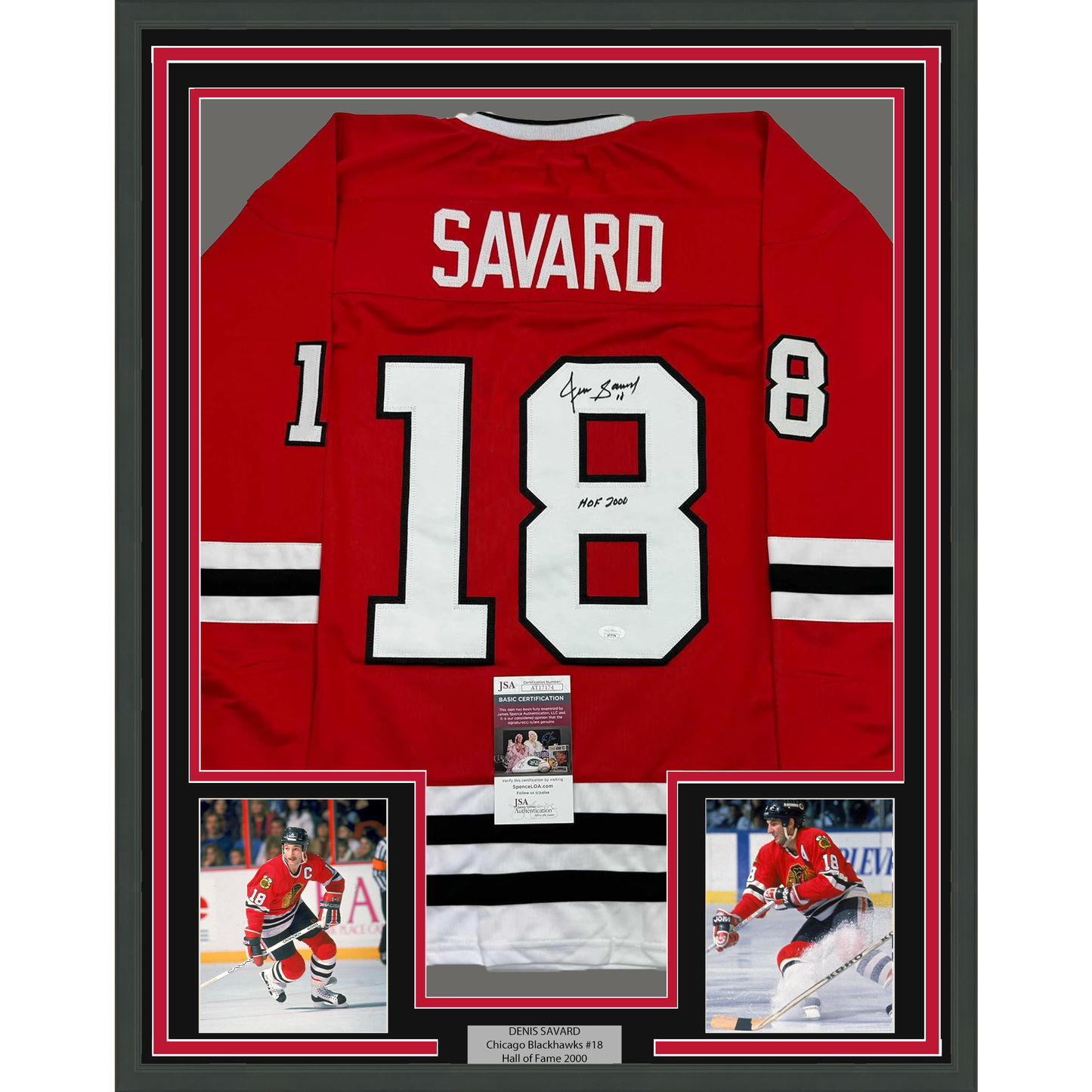 Framed Autographed/Signed Denis Savard HOF 2002 35x39 Chicago Red Hockey Jersey JSA COA