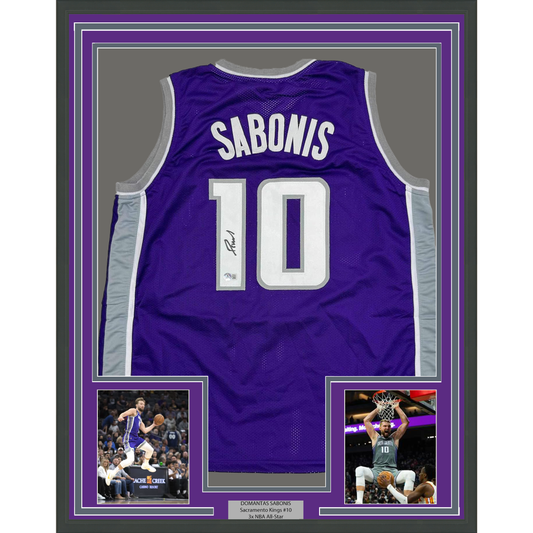 Framed Autographed/Signed Domantas Sabonis 35x39 Sacramento Purple Basketball Jersey Beckett BAS COA