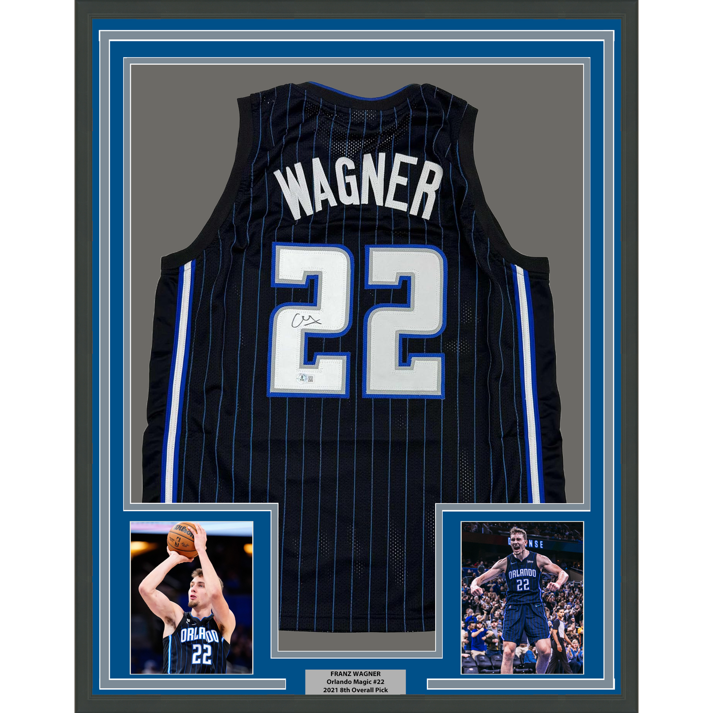 Framed Autographed/Signed Franz Wagner 35x39 Orlando Black Basketball Jersey Beckett BAS COA