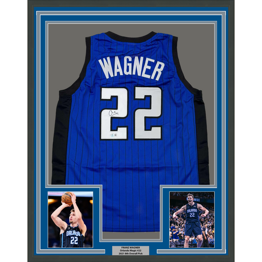 Framed Autographed/Signed Franz Wagner 35x39 Orlando Blue Basketball Jersey Beckett BAS COA