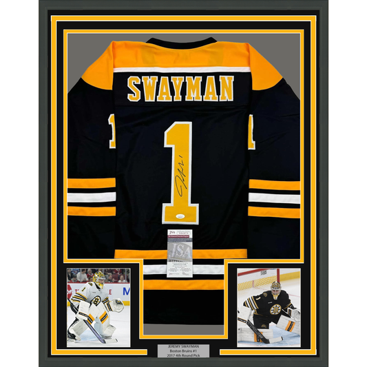Framed Autographed/Signed Jeremy Swayman 35x39 Boston Black Hockey Jersey JSA COA