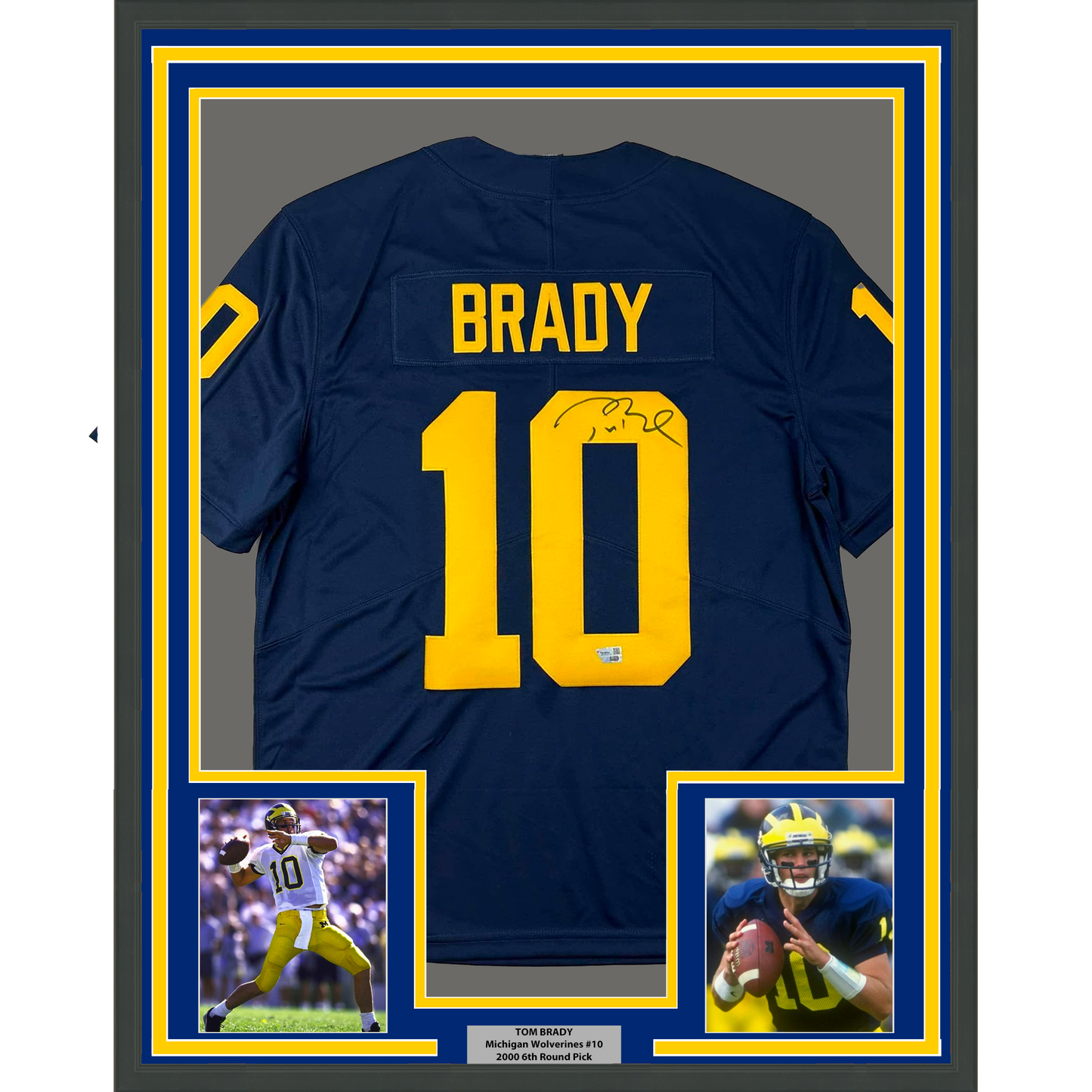 Framed Autographed/Signed Tom Brady 35x39 Michigan Wolverines Blue Authentic Limited Football Jersey Fanatics COA