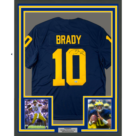 Framed Autographed/Signed Tom Brady 35x39 Michigan Wolverines Blue Authentic Limited Football Jersey Fanatics COA