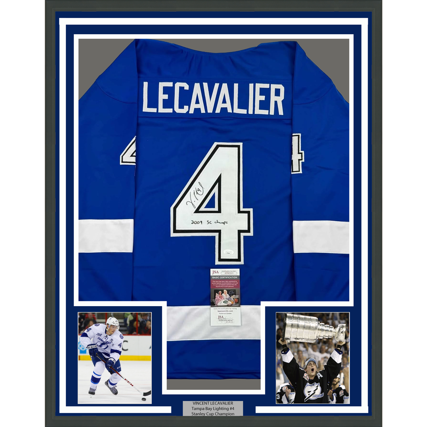 Framed Autographed/Signed Vincent Lecavalier 2004 SC Champs 35x39 Tampa Bay Blue Hockey Jersey JSA COA