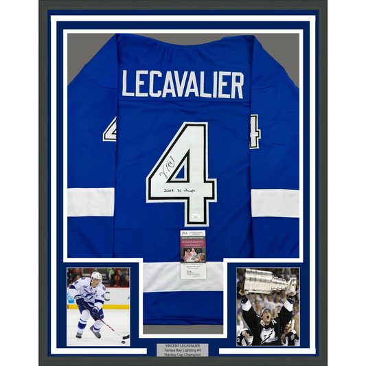 Framed Autographed/Signed Vincent Lecavalier 2004 SC Champs 35x39 Tampa Bay Blue Hockey Jersey JSA COA