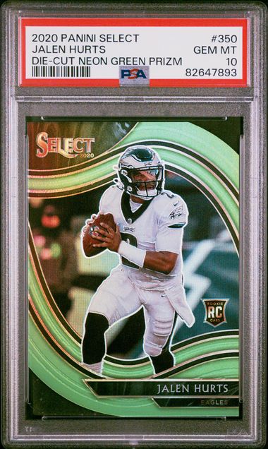 Graded 2020 Panini Select Jalen Hurts #350 Die Cut Neon Green Prizm Rookie RC Football Card PSA 10 Gem Mint