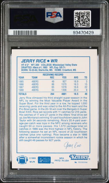 Graded 1989 Kenner Starting Lineup #NNO Jerry Rice Football Card PSA 7 NM