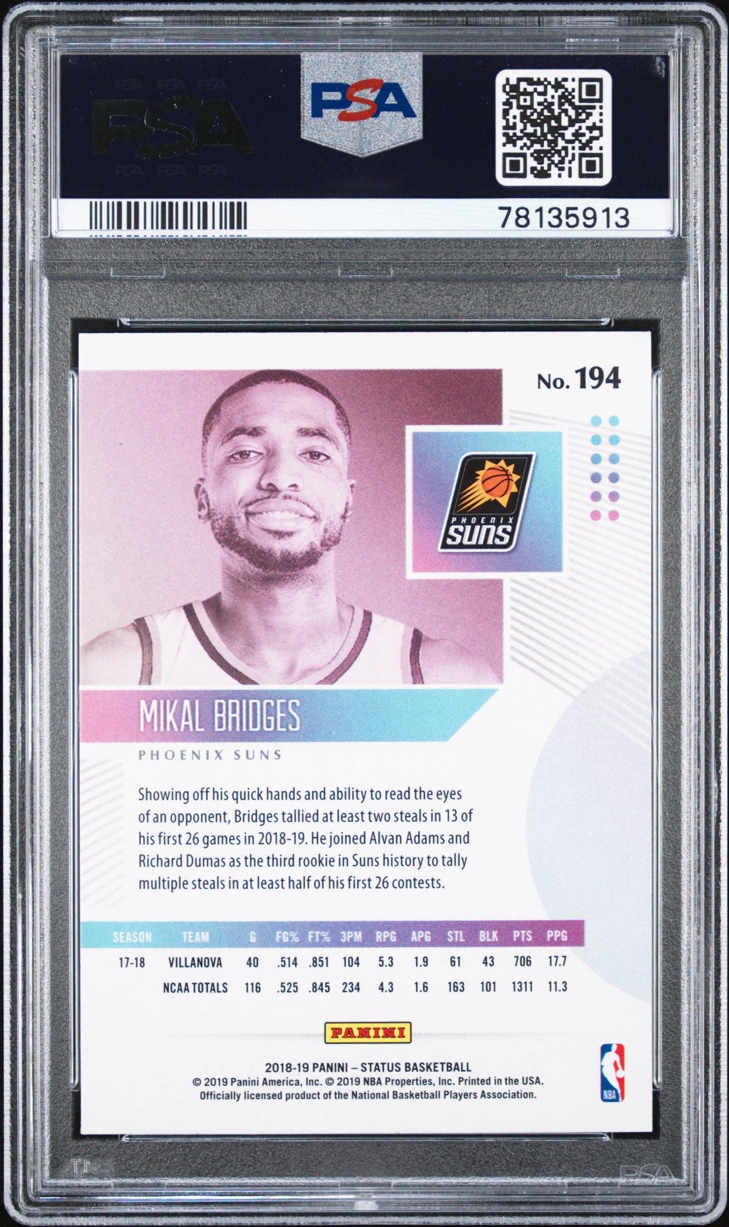Graded 2018 Panini Status Mikal Bridges #194 Rookie RC Basketball Card PSA 10 Gem Mint