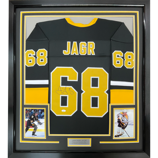 Framed Autographed/Signed Jaromir Jagr 35x39 Pittsburgh Black Hockey Jersey JSA COA - Golden Apple Comics