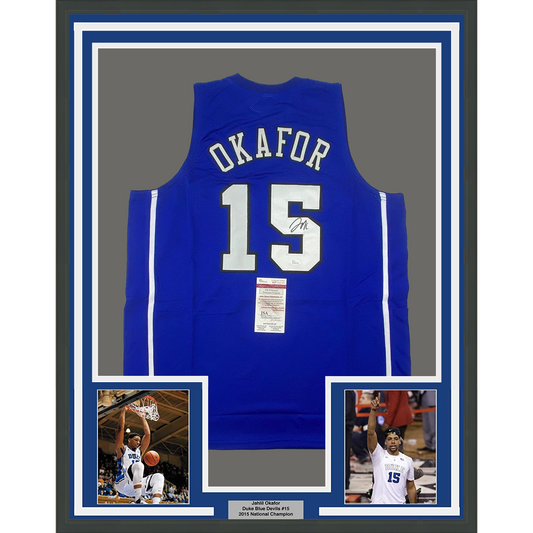 Framed Autographed/Signed Jahlil Okafor 35x39 Duke Blue College Basketball Jersey JSA COA