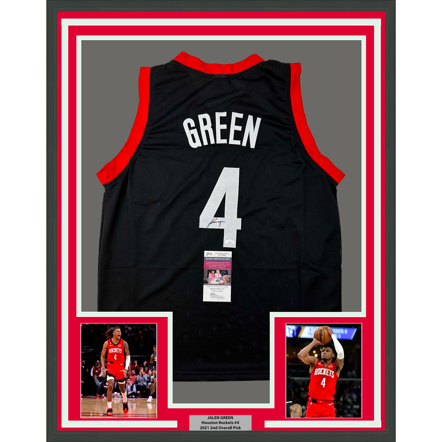 Framed Autographed/Signed Jalen Green 35x39 #4 Houston Black Basketball Jersey JSA COA