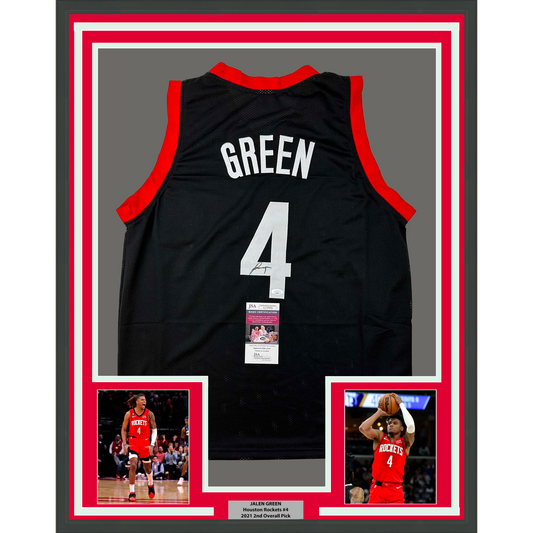 Framed Autographed/Signed Jalen Green 35x39 #4 Houston Black Basketball Jersey JSA COA