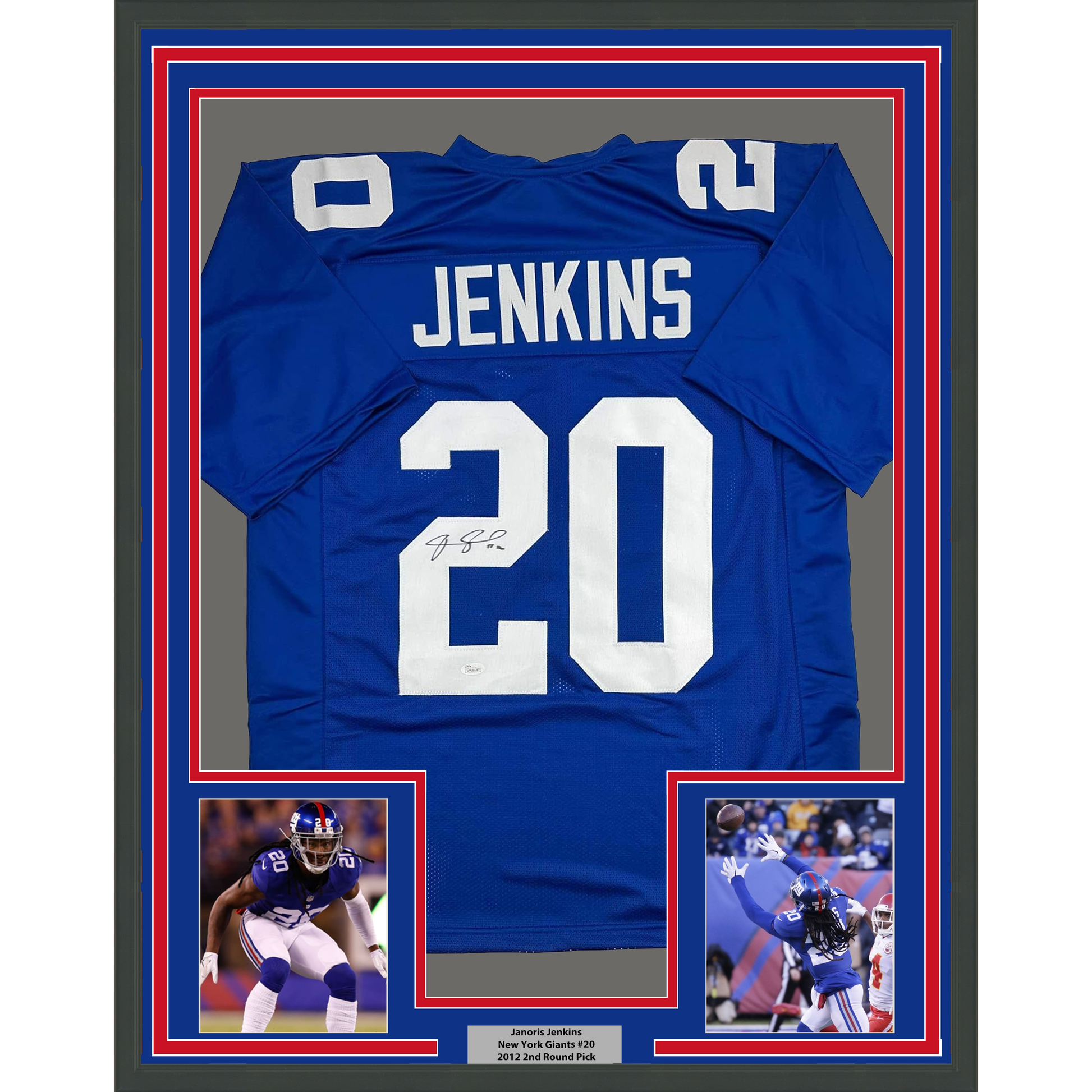 Framed Autographed/Signed Janoris Jenkins Jackrabbit 35x39 New York Blue Football Jersey JSA COA - Golden Apple Comics