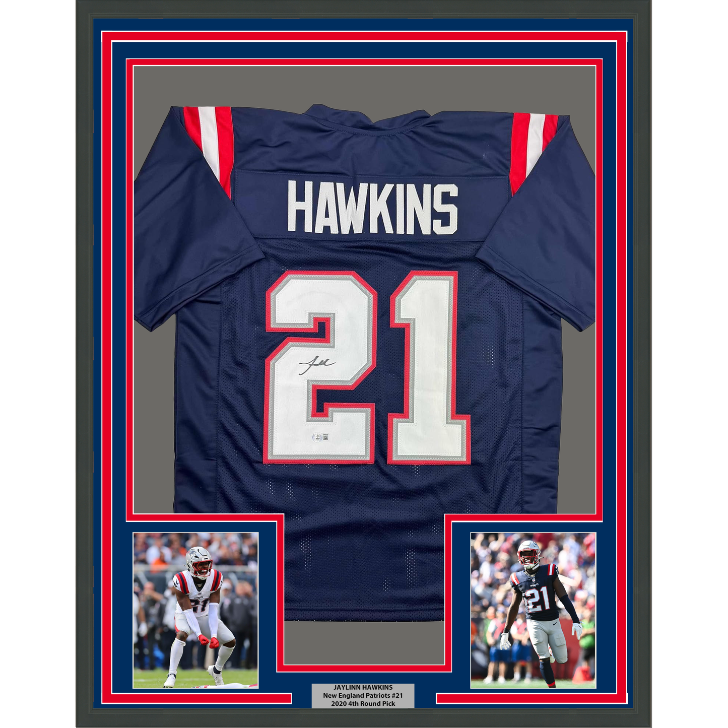 Framed Autographed/Signed Jaylinn Hawkins 35x39 New England Blue Football Jersey Beckett BAS COA - Golden Apple Comics