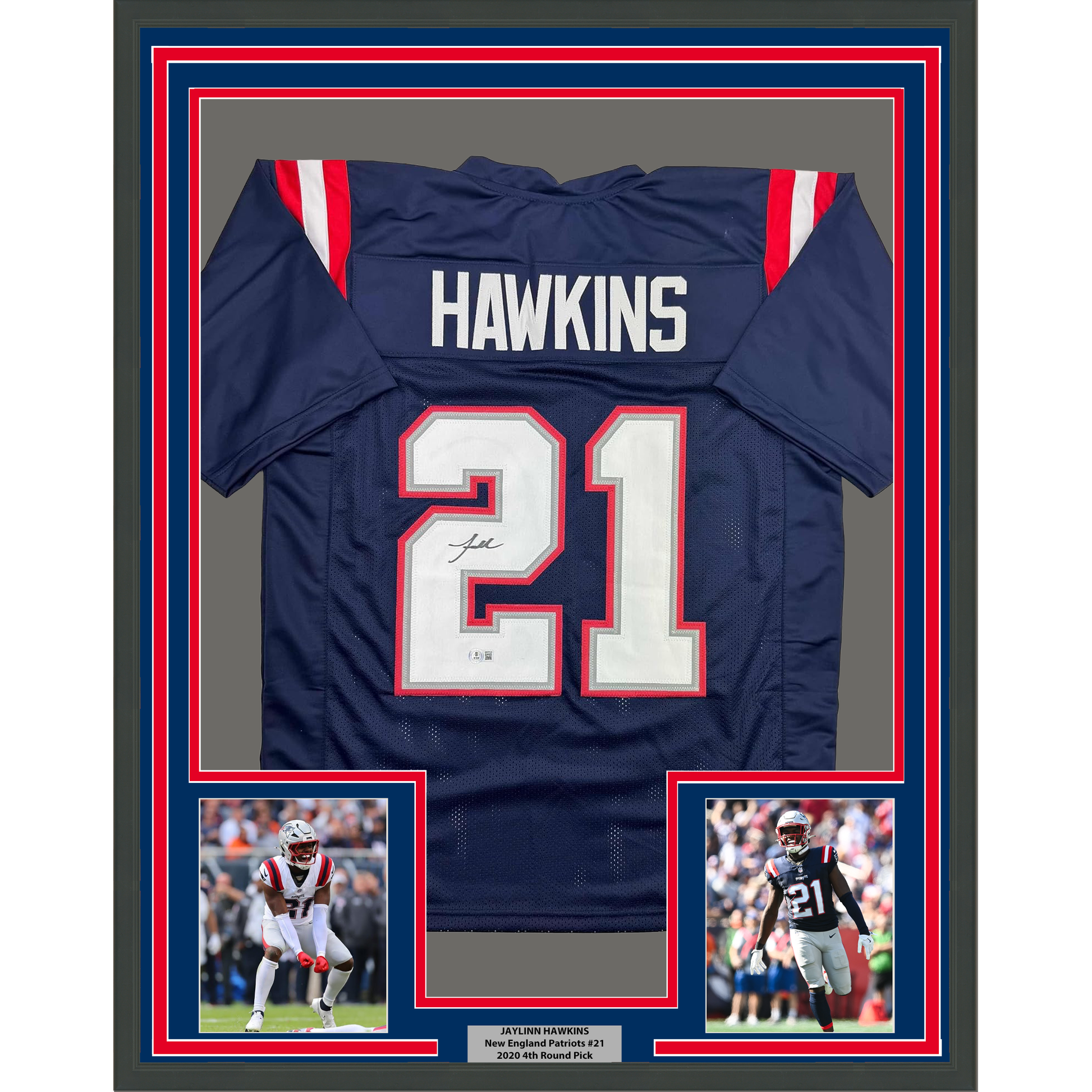 Framed Autographed/Signed Jaylinn Hawkins 35x39 New England Blue Football Jersey Beckett BAS COA - Golden Apple Comics