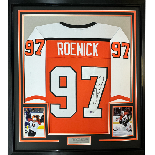 Framed Autographed/Signed Jeremy Roenick 35x39 Philadelphia Orange Hockey Jersey Beckett BAS COA - Golden Apple Comics