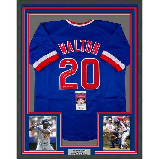 Framed Autographed/Signed Jerome Walton 35x39 1989 NL ROY Chicago Blue Baseball Jersey JSA COA