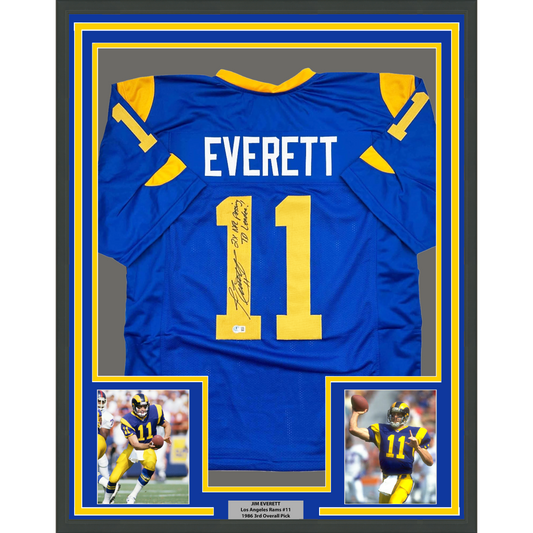 Framed Autographed/Signed Jim Everett 2x Passing TD Leader 35x39 Los Angeles LA Blue Football Jersey Beckett BAS COA