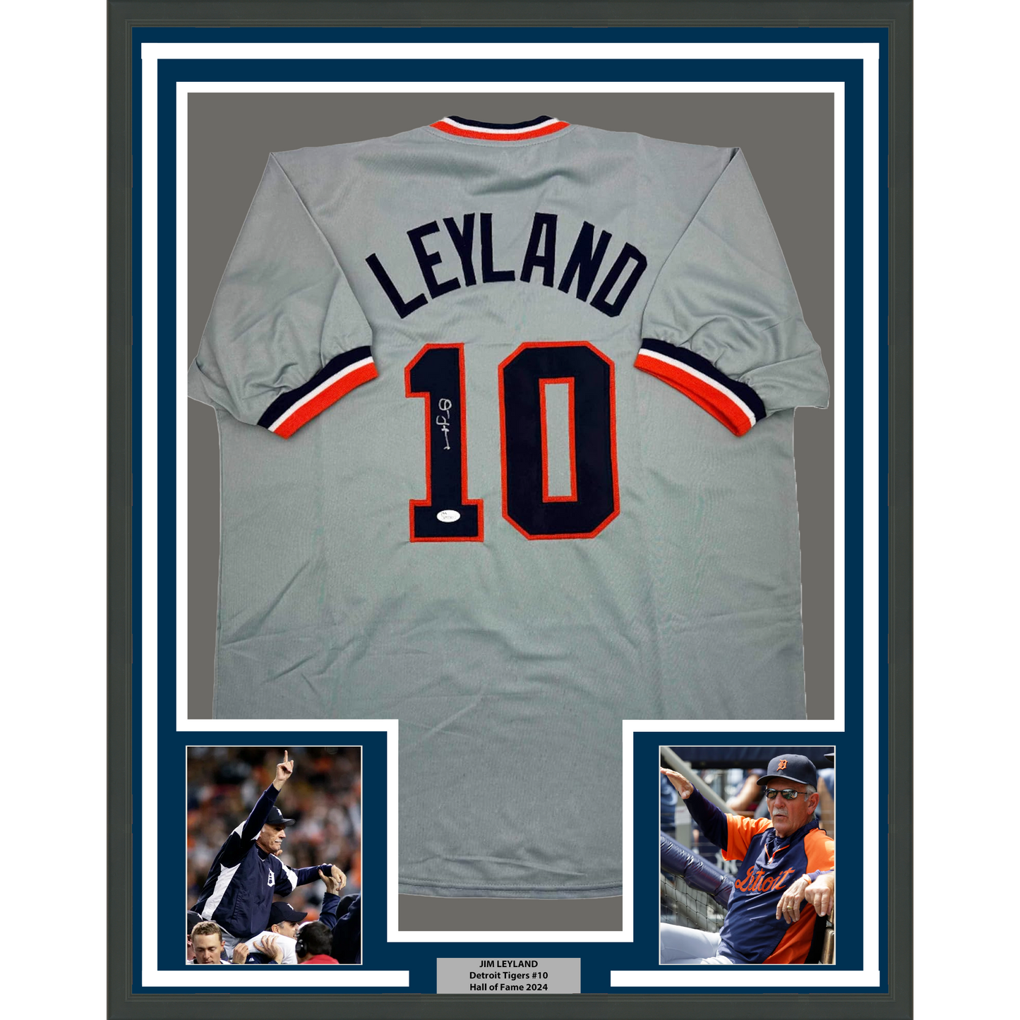 Framed Autographed/Signed Jim Leyland 35x39 Detroit Grey Baseball Jersey JSA COA