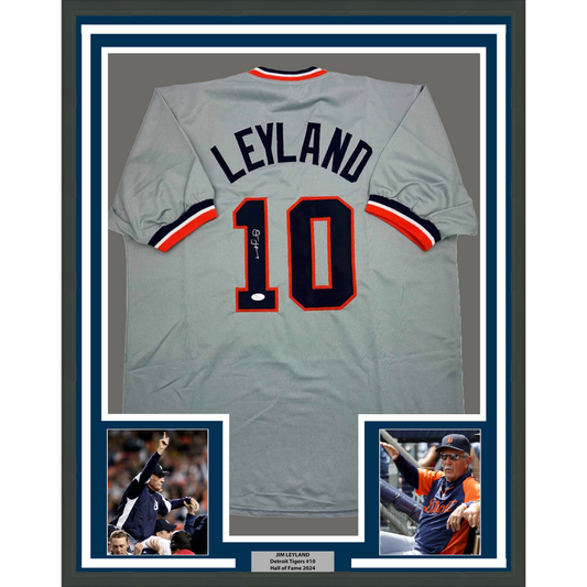 Framed Autographed/Signed Jim Leyland 35x39 Detroit Grey Baseball Jersey JSA COA