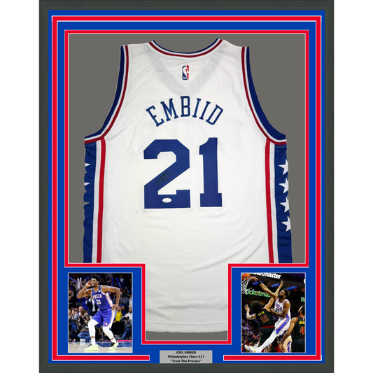 Framed Autographed/Signed Joel Embiid 35x39 Philadelphia White Basketball Jersey JSA COA/LOA